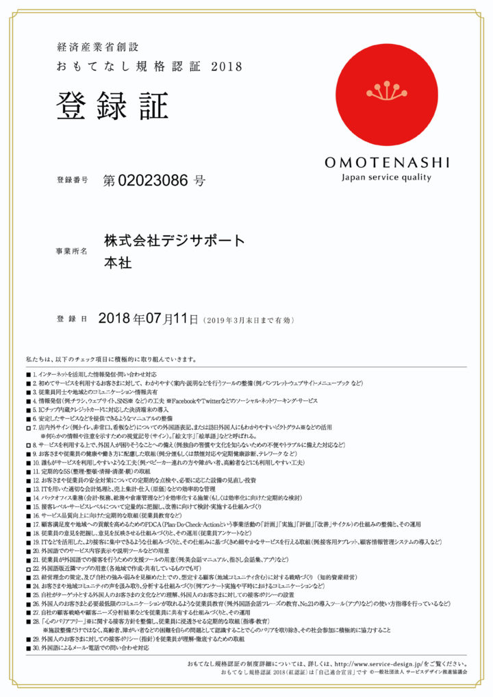 おもてなし規格認証2018　登録証